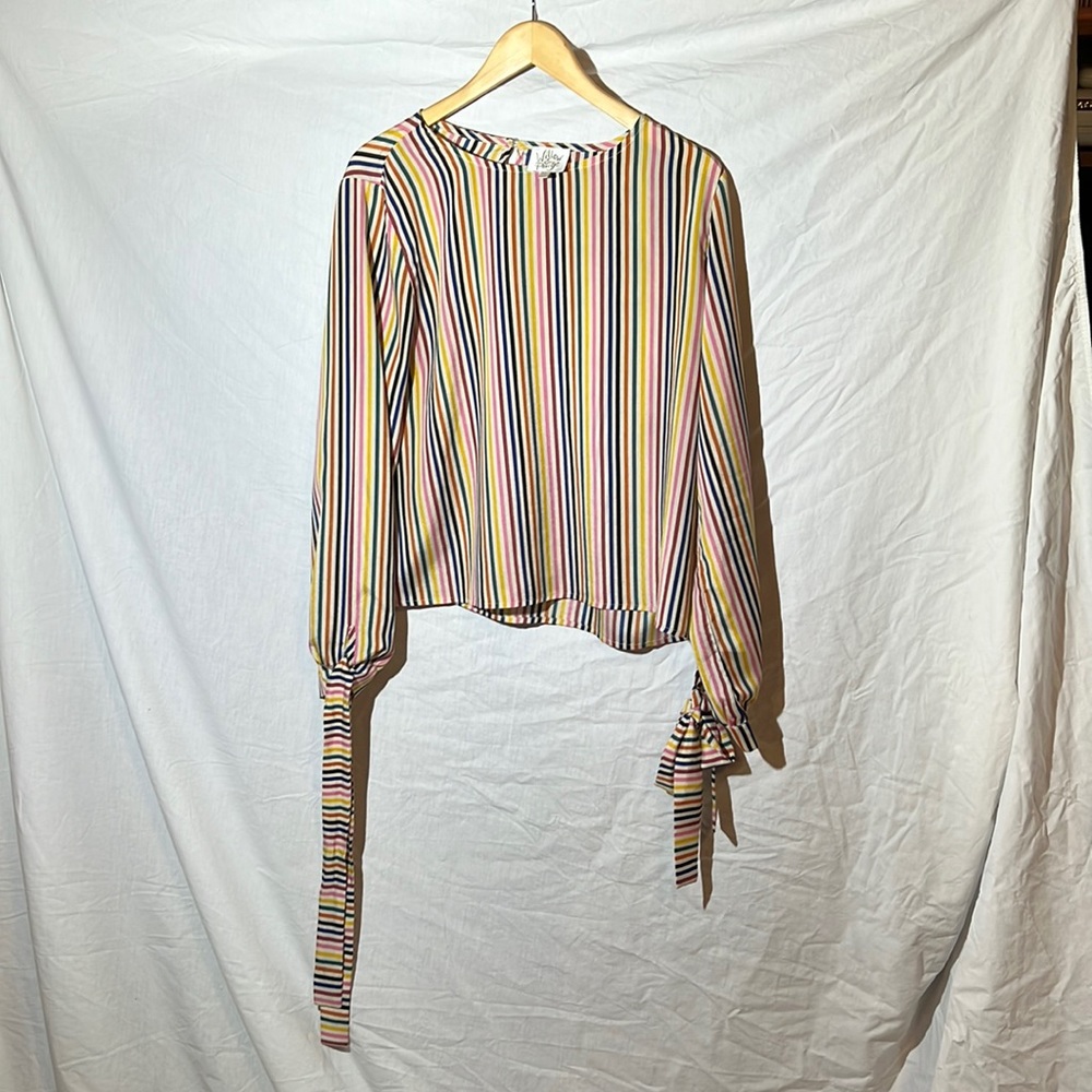 Rainbow stripe silky blouse with bow sleeves like new